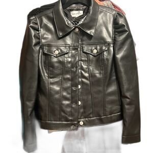 Vigoss Faux Black Leather Puff Sleeve Button Front Jacket Sz M, 18.5“ P2P